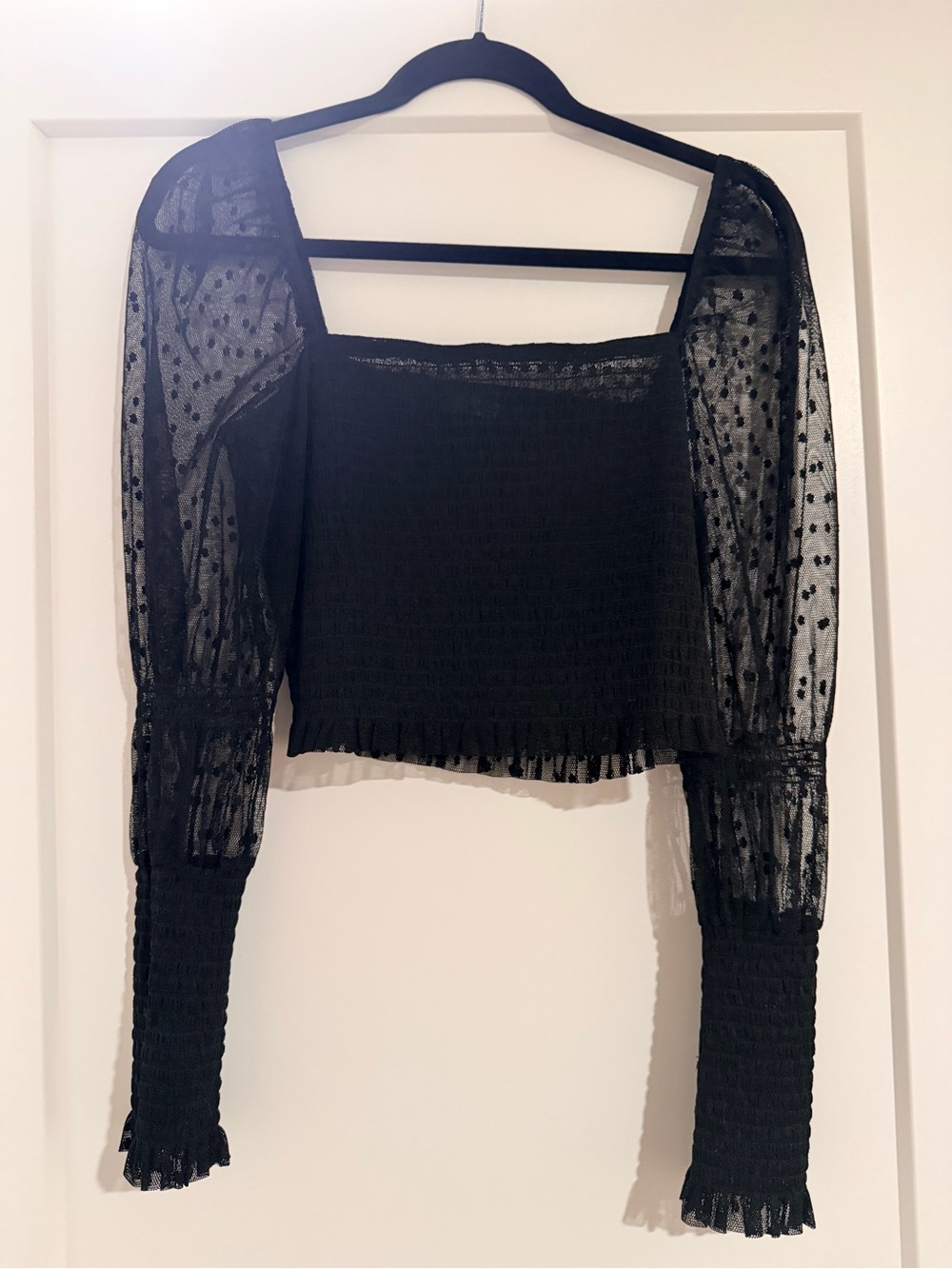 Free People Black Sheer Puff-Sleeve Smocked Crop Top
